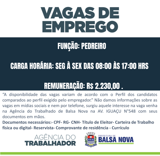 VAGAS NA AGÊNCIA DO TRABALHADOR PEDREIRO 