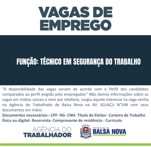 VAGAS NA AGÊNCIA DO TRABALHADOR