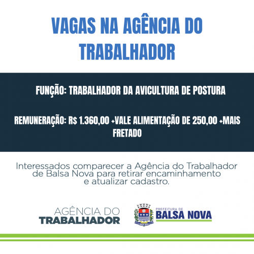 VAGAS NA AGÊNCIA DO TRABALHADOR