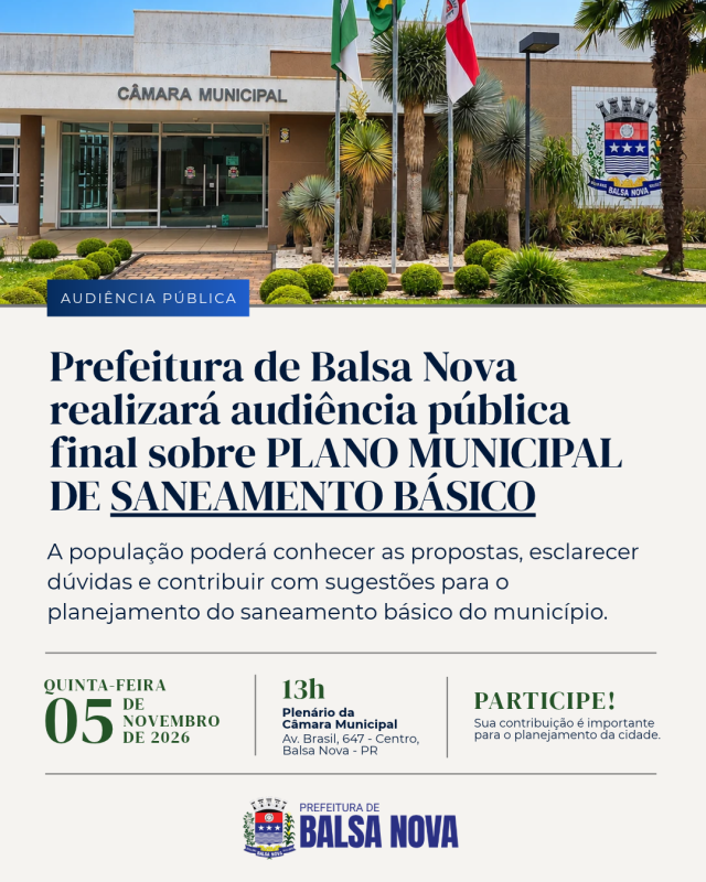 Balsa Nova realizará audiência pública final sobre o Plano Municipal de Saneamento Básico
