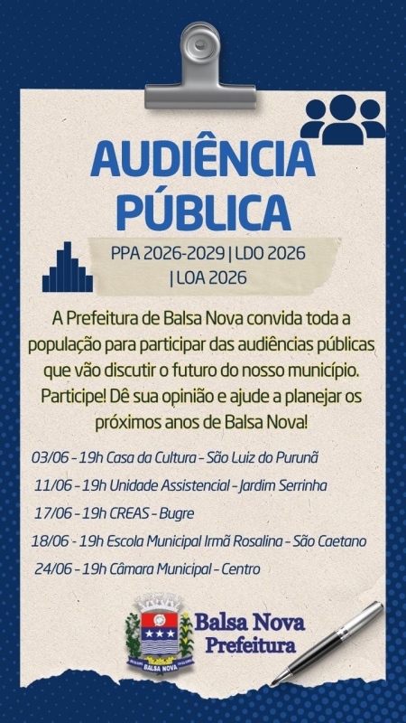 Convocamos a todos para Audiência Pública - Elaboração e discussão do PPA, LDO e LOA 2026
