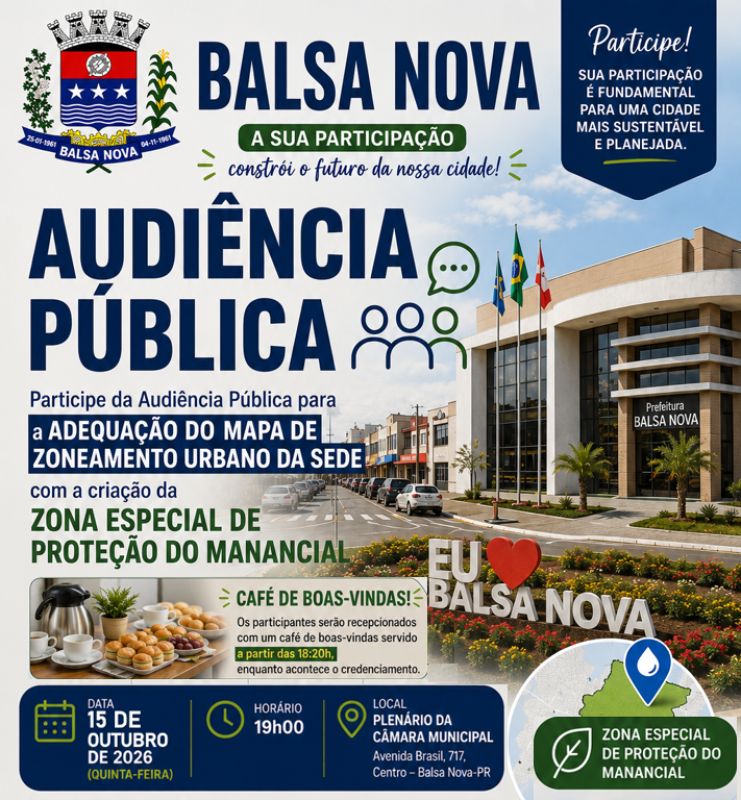 Venha participar da Audiência Pública dia 15/10/2026 às 19h na Câmara Municipal