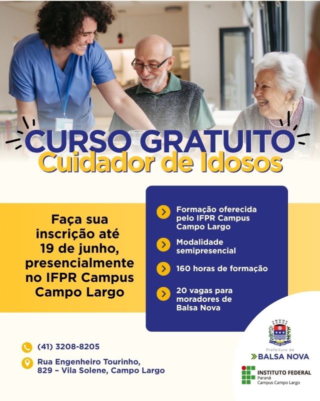 Estão abertas as inscrições para o Curso Gratuito de Cuidador de Idosos