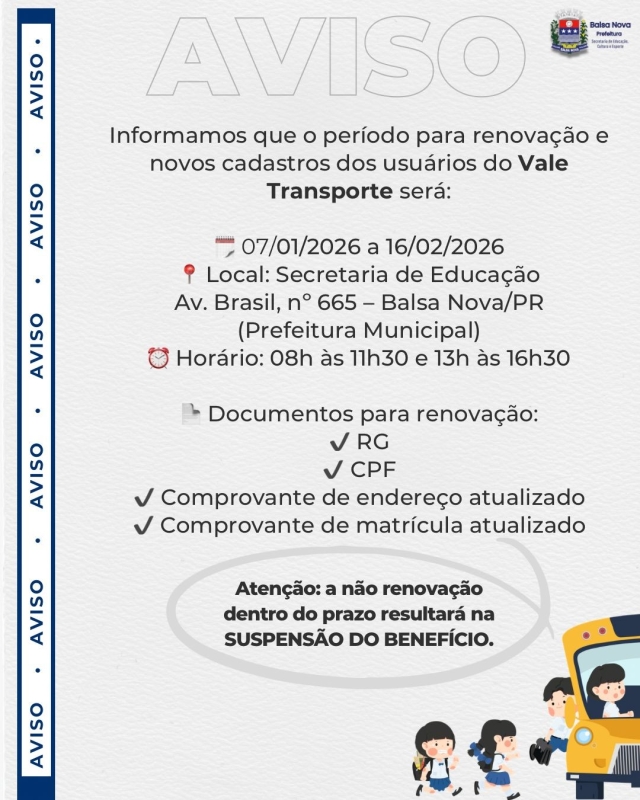 Cadastro dos usuários do Vale Transporte será de 07/01 a 16/02